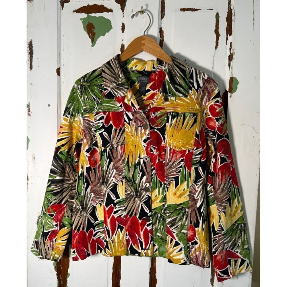 Additions by Chicos Womens Colorful Tropical Wood Button Jacket Size 2 (Size 12)